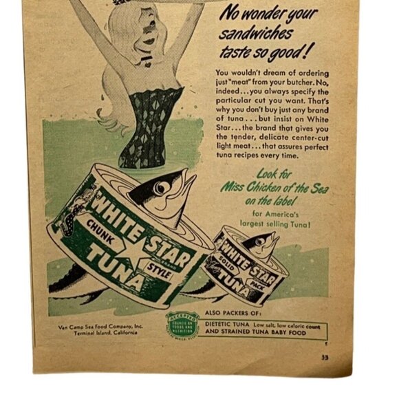 White Star Tuna Vintage Print Ad 1950s Mermaid sandwich Retro Kitchen Design - Picture 5 of 6